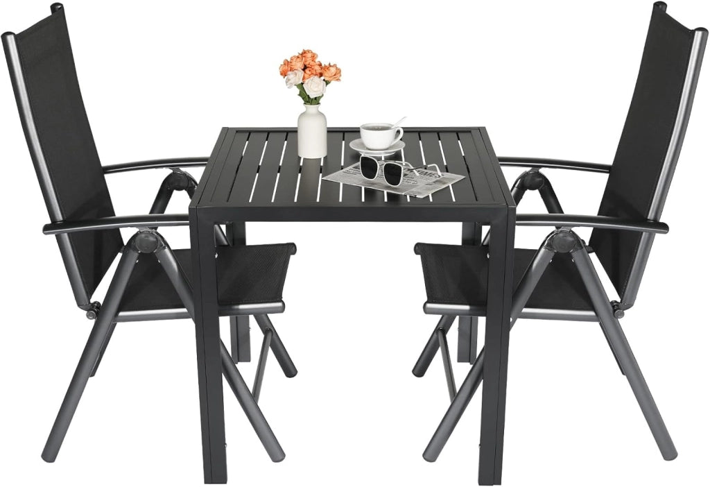 Set Giardino Esterno Aluminium 5 Pezzi, Tavolo da giardino tutto in Alluminio con 4 Sedie Pieghevoli Alto Regolabili, Resistente Alle Intemperie, Nero