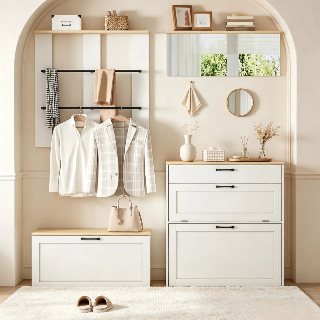 Mobili da ingresso modulari con scarpiera a ribalta, cassetto, specchio e appendiabiti per ingresso 156 × 36 × 176 cm