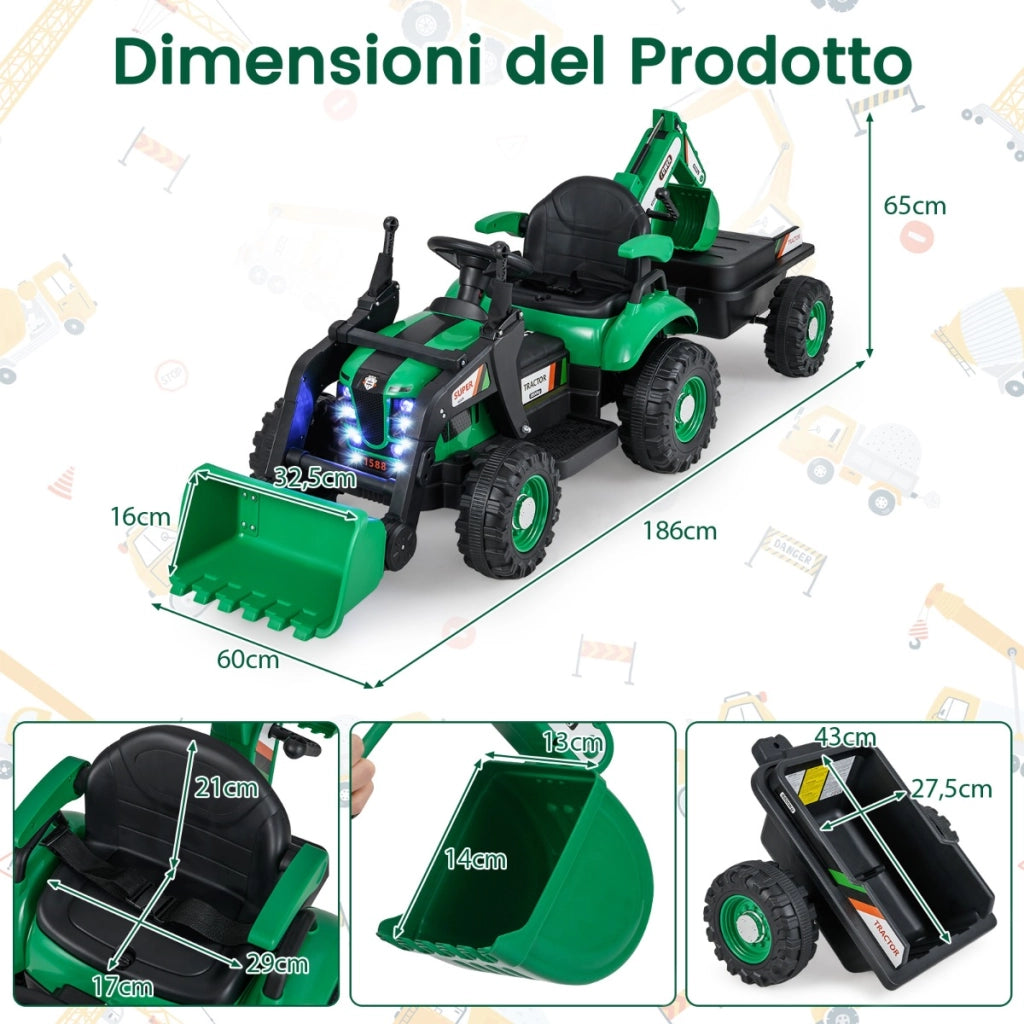 Veicolo di costruzione elettrico 12V con rimorchio cucchiaia scavatore trattore-Escavatore e bulldozer 4-in-1 per bambini Verde
