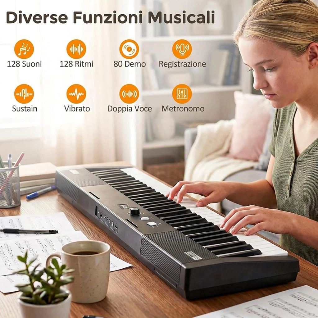 Tastiera Pianoforte a 61 Tasti, Set Pianoforte Elettrica con Supporto e Sgabello Regolabili, 128 Ritmi & 128 Toni e 80 Demo, Strumento Musicale per Bambini, Adolescenti e Adulti
