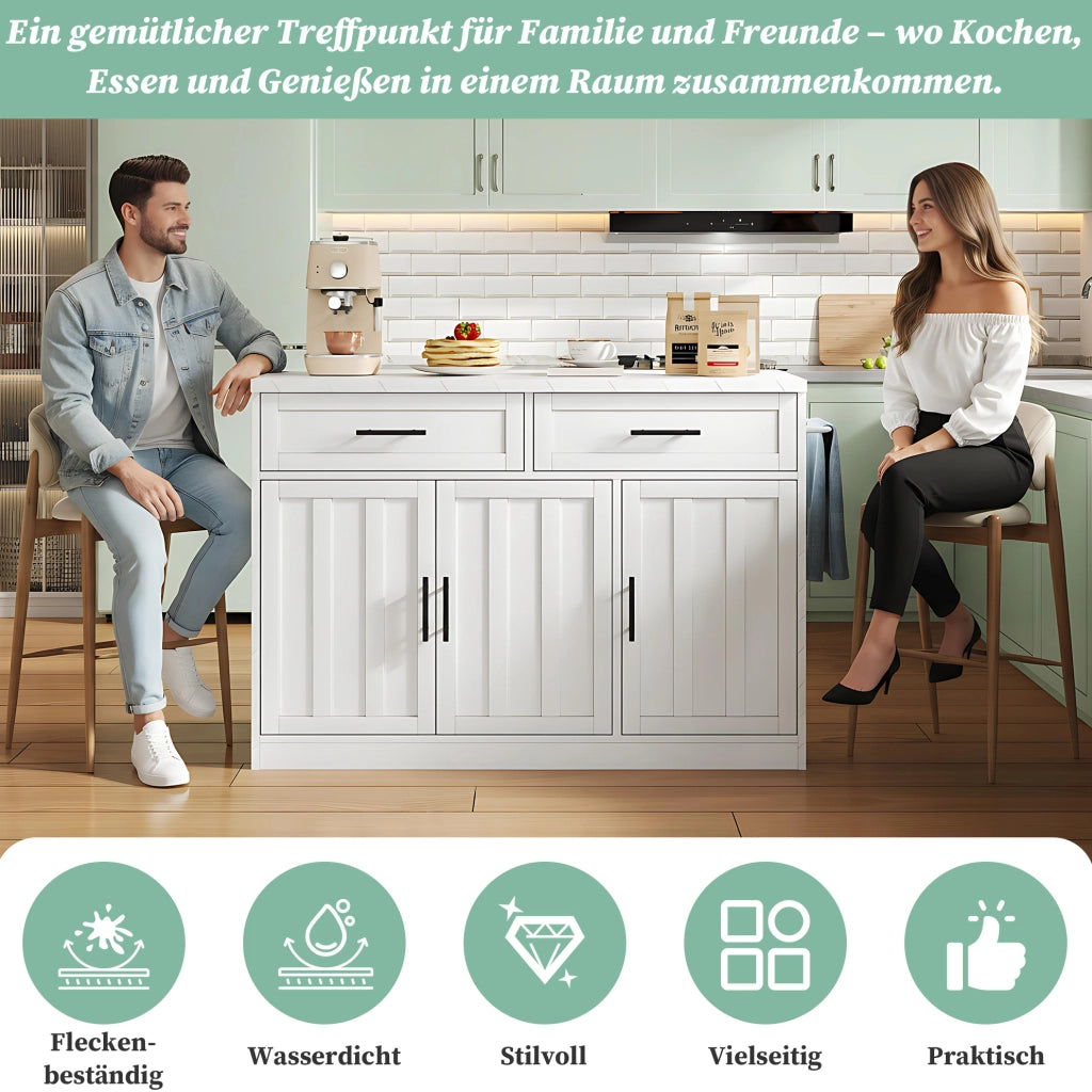 Isola cucina con piano bar 120 x 60 x 91 cm; bianco in MDF con prese e USB