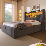 Letto imbottito 90x200 cm con contenitore idraulico, testiera LED e 4 porte di ricarica, grigio