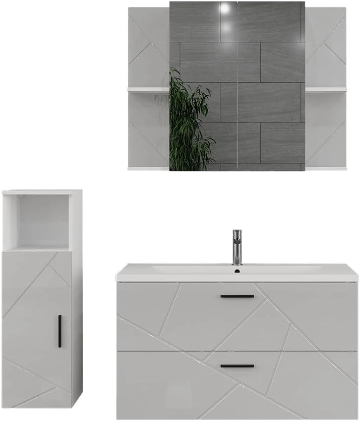Set di mobili da bagno Irma, Bianco/bianco lucido, 100 cm, composto da mobile sottolavabo con lavabo, armadio medio e specchio da bagno