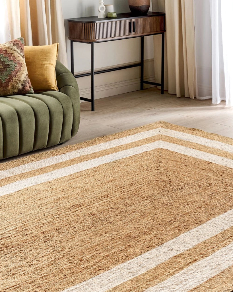 Tappeto Beige Juta 160 x 230 cm Intrecciato a mano con motivo a cornice Naturale Stile Boho Tessile