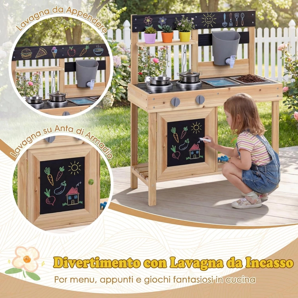 Cucina Giocattolo da Esterno per Bambini in Legno, Cucinetta per Giocare Sabbia, Gioco Montessori con Lavagne, Lavandini, Serbatoio d'Acqua e Utensili e Ampio Spazio di Stoccaggio