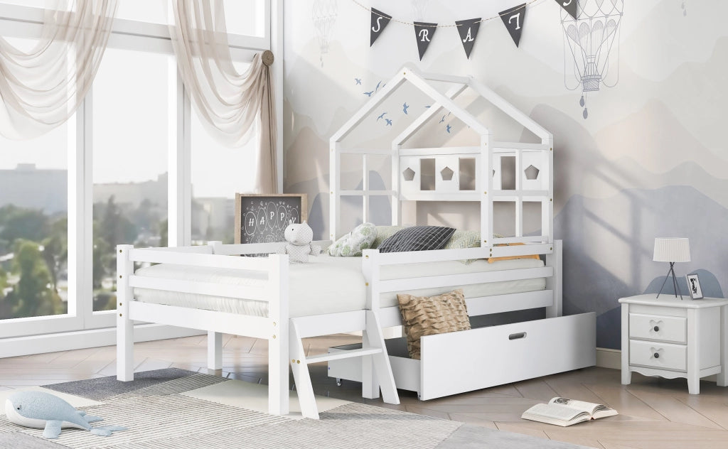DESMIU Letto a soppalco per bambini 1 posto con barriera, scaletta larga e cassetto, 90 × 200 cm, senza materasso, bianco