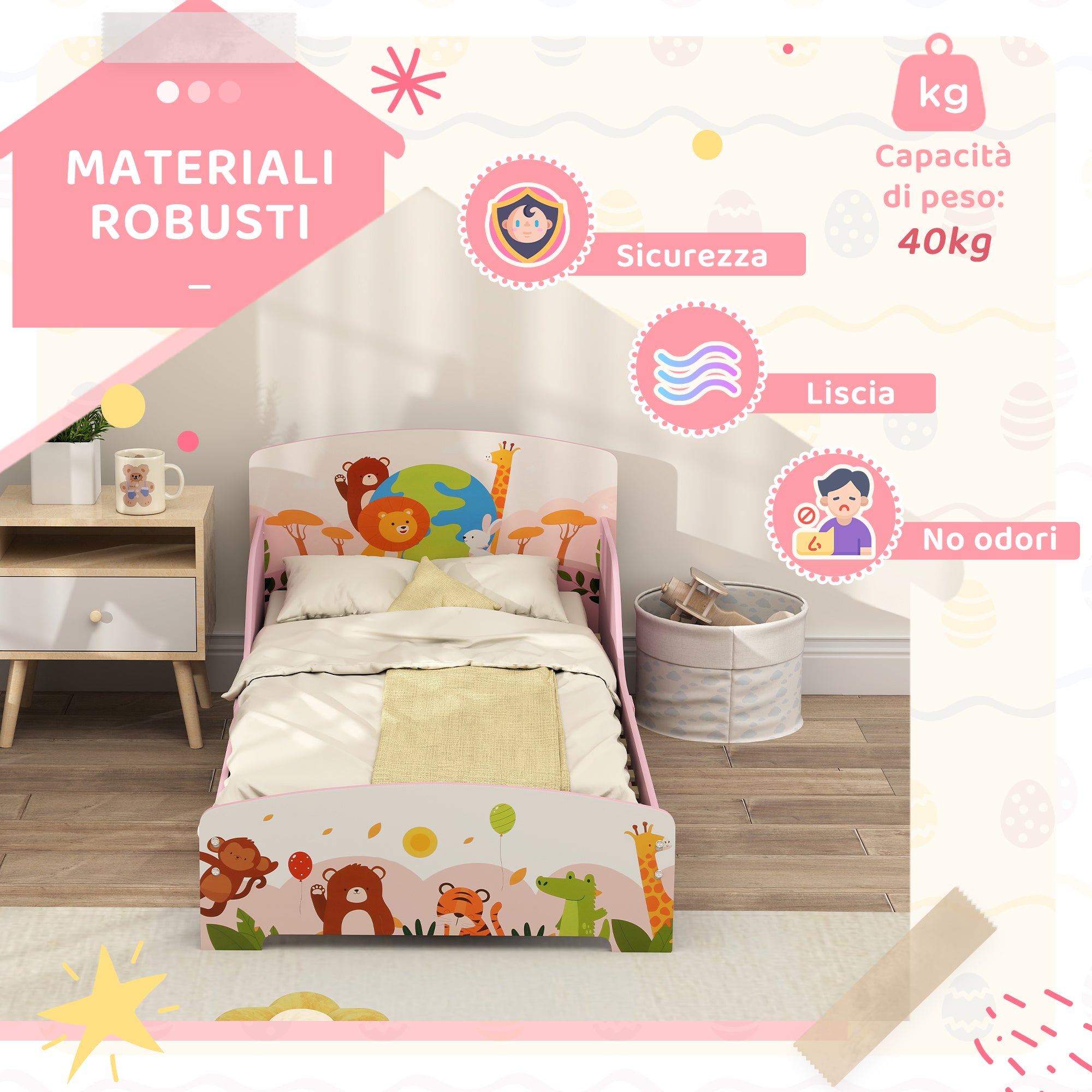 Letto per Bambini 3+ Anni 143x77x60 cm con Bordi e Sponde Rialzati in MDF Rosa
