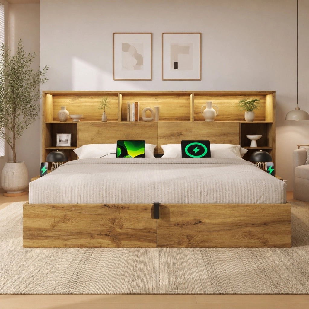 Letto matrimoniale 180x200 cm rovere con LED, USB e comodini
