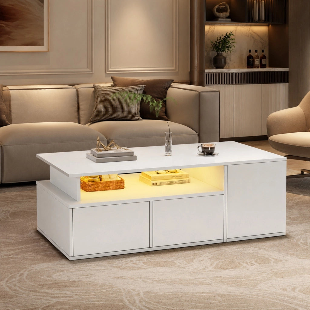 Tavolino da caff猫 con LED e 2 cassetti 100 x 50 x 35 cm bianco