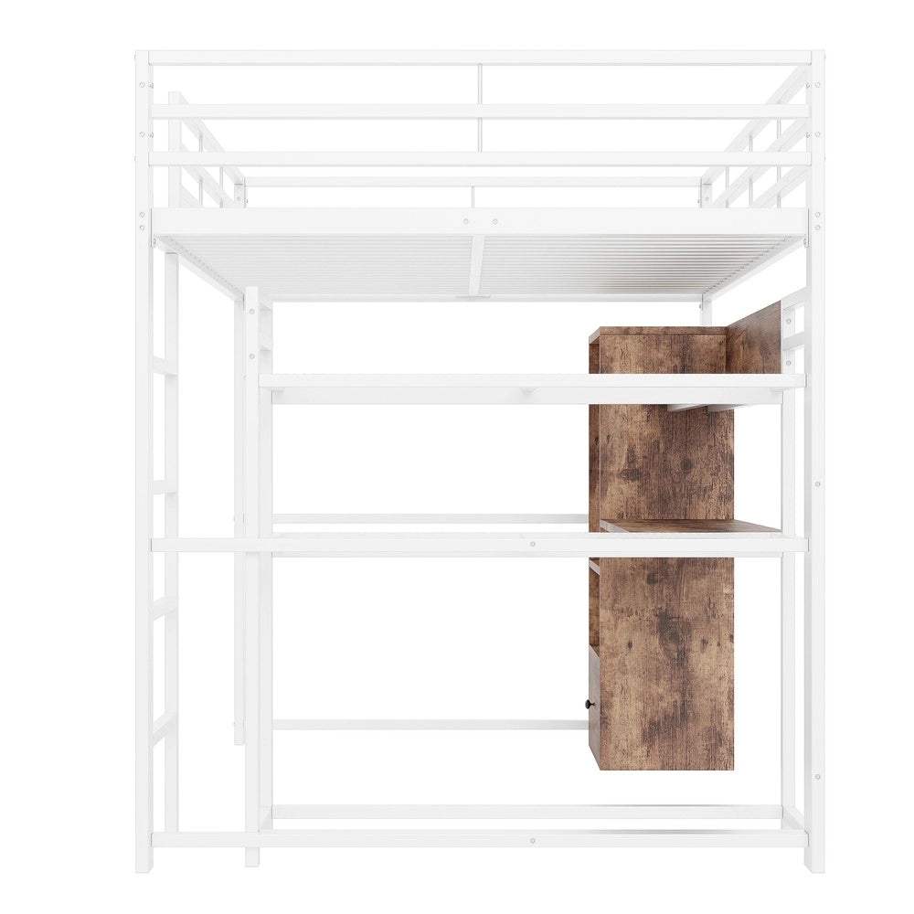 Letto a Soppalco con Scrivania, LED, Cassetti e Scaletta ¨C MINIMAL ¨C Metallo, Bianco, 140x200