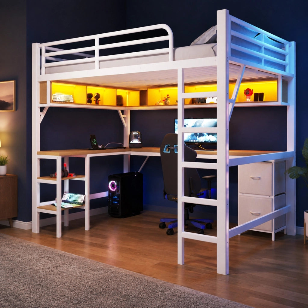 Letto a soppalco 140x200 cm con scrivania; ripiani; LED e cassetti; MDF e metallo; bianco