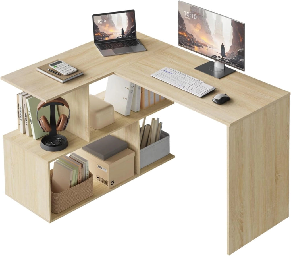 Scrivania Angolare a Forma di L con Libreria, 120x100x75 cm, Scrivania Ufficio per Computer, Tavolo da Lavoro, Studio and Soggiorno, Rovere Chiaro