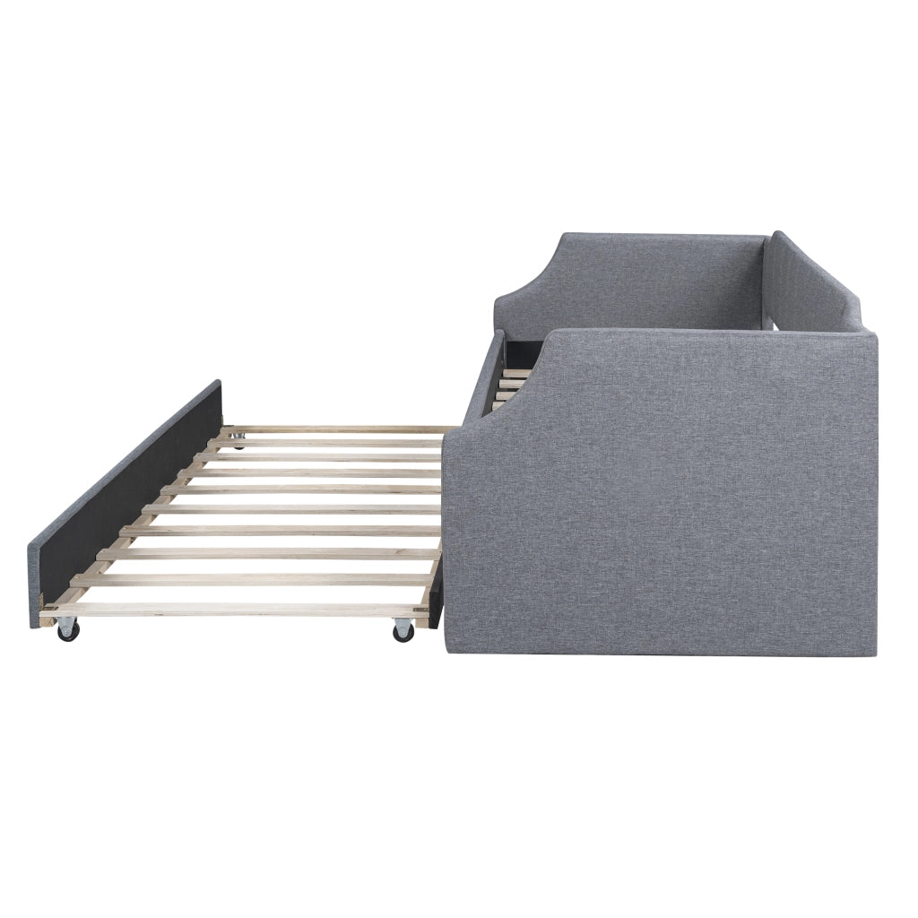 Letto estraibile 90 x 190/200cm con rete a doghe, letto per bambini con braccioli imbottito, cotone e lino grigio