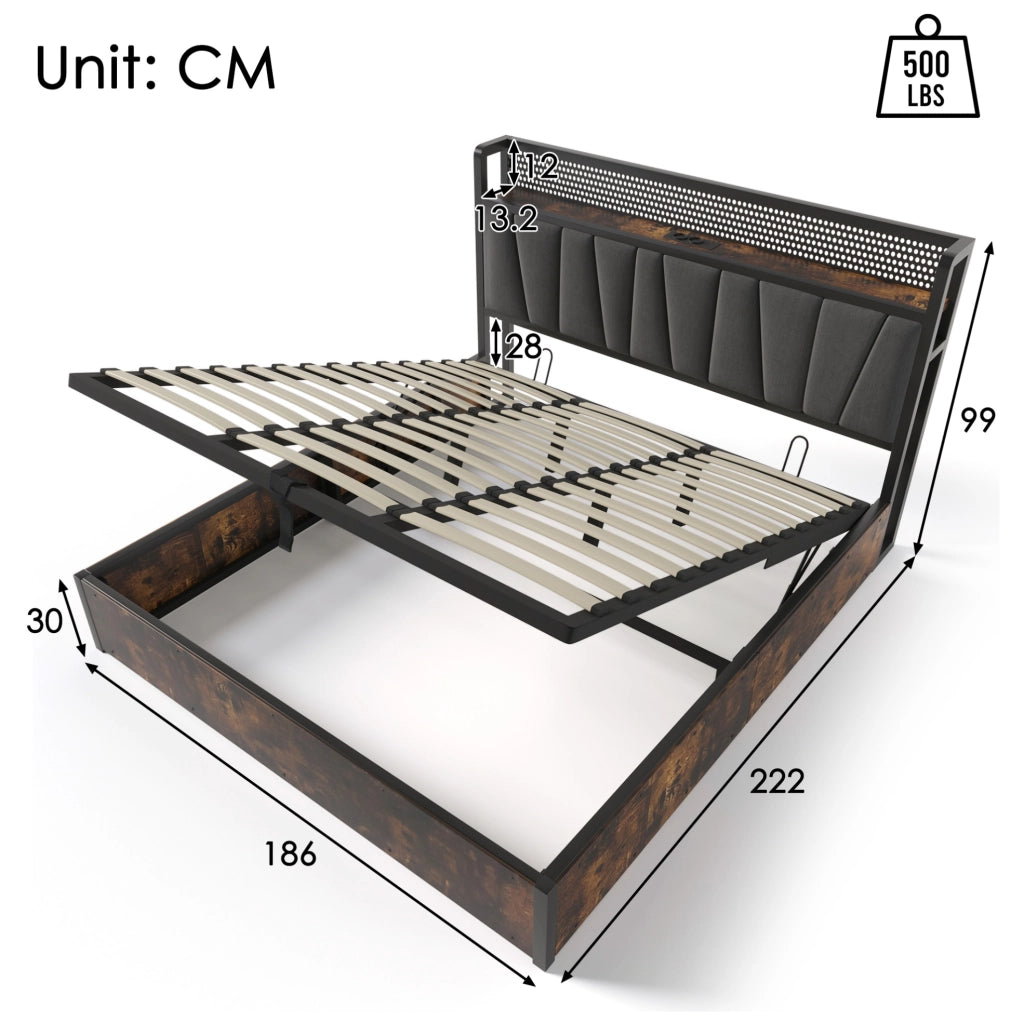 Letto matrimoniale in metallo con LED RGBW, USB e contenitore
