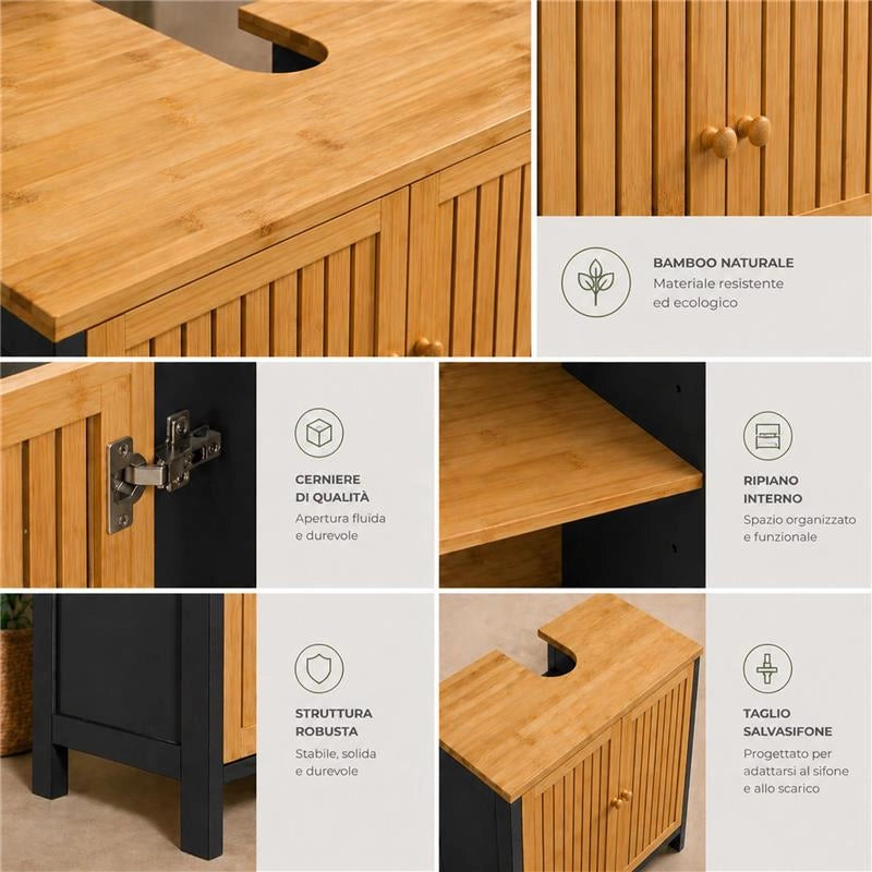 MOBILE SOTTOLAVABO IN LEGNO NERO CON 2 ANTE IN BAMBOO DIMENSIONI 60X30X70 CM