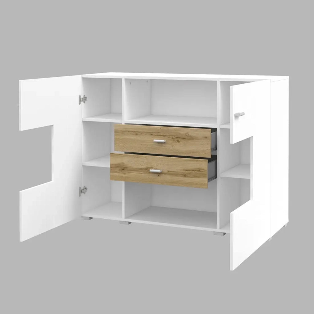 Buffet piccolo modello 120cm collezione KOBEE con 2 porte e 2 cassetti. Colore bianco e rovere.