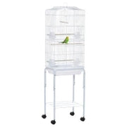 Gabbia per Uccelli, Voliera in Metallo e Acciaio con Ruote, Trespoli e Ciotole, 46.5x36x157cm, Bianco