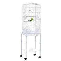 Gabbia per Uccelli, Voliera in Metallo e Acciaio con Ruote, Trespoli e Ciotole, 46.5x36x157cm, Bianco