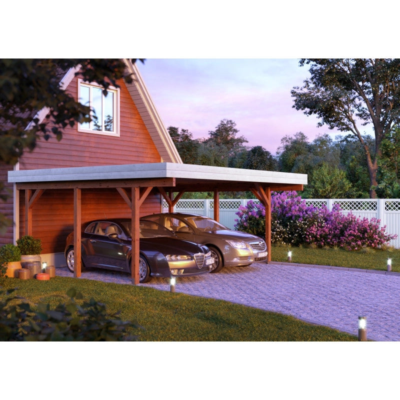 Carport doppio in legno lamellare 20,6 m² con tetto in perline 19 mm, struttura per 2 auto da esterno 600x512 cm - Esterni da Vivere