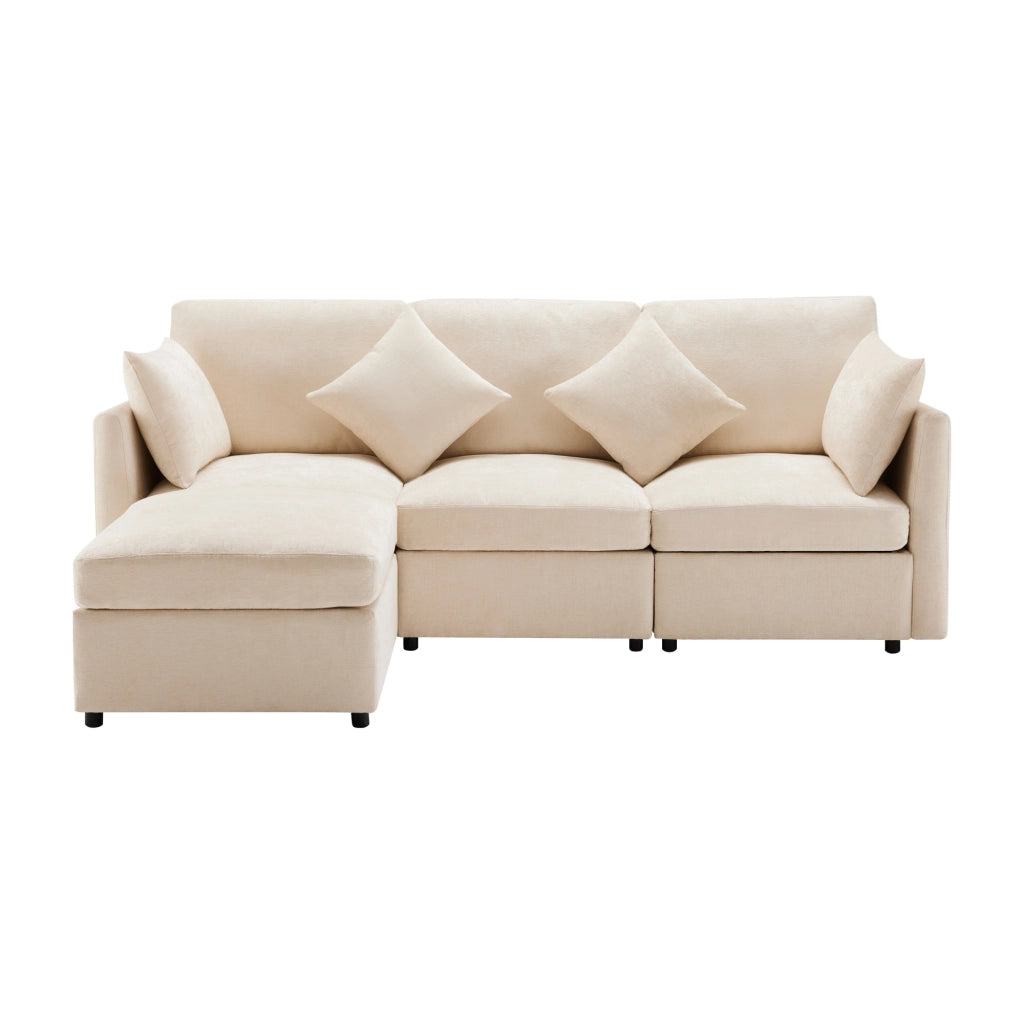 Divano angolare modulare 3-4 posti con pouf mobile e 4 cuscini in chenille beige 216x161x81 cm