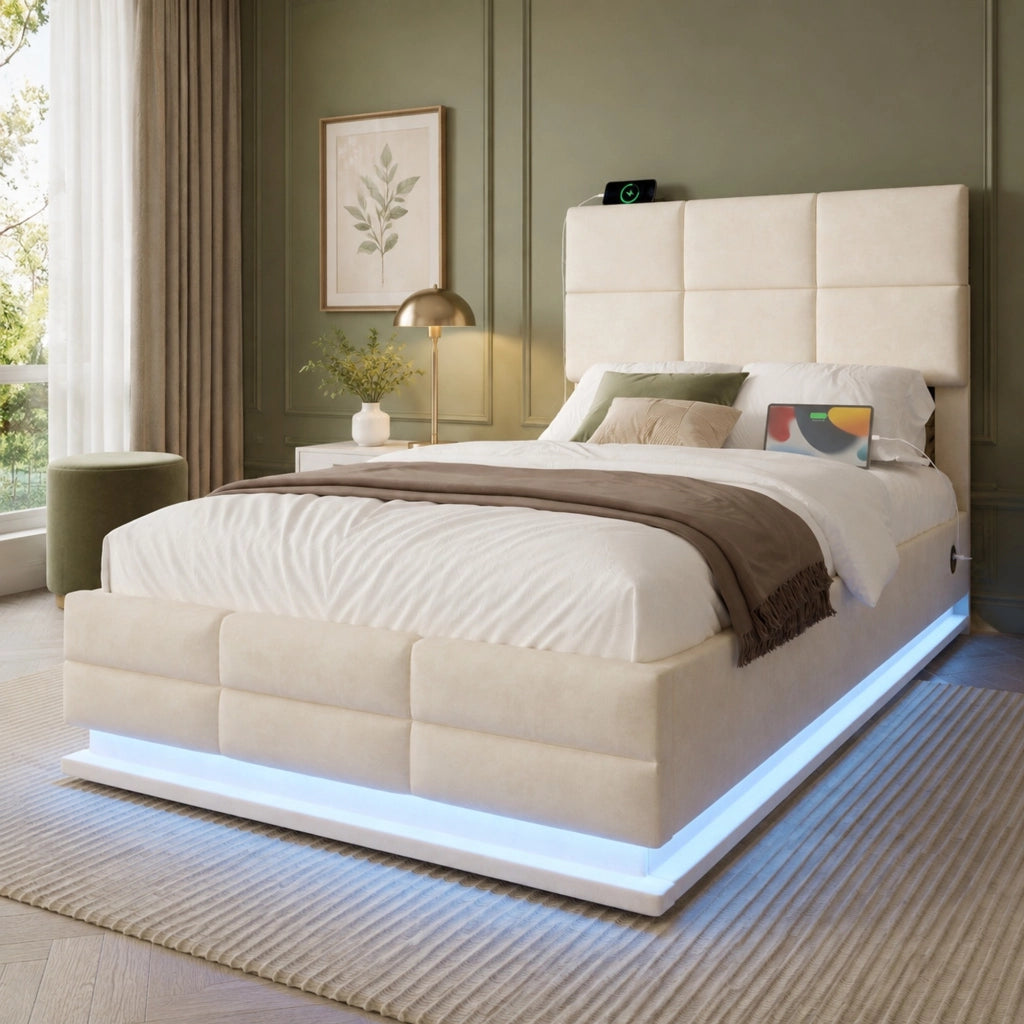 LETTO 90x200 cm in velluto beige con testiera regolabile e LED, senza materasso