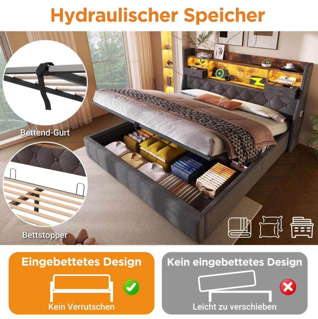 Letto imbottito 140x190 con contenitore, LED e porte USB