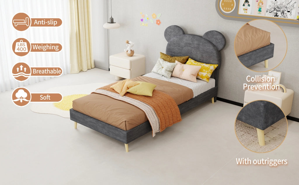 DESMIU Letto per bambini 90 × 200 cm con testiera cartoon, vano pneumatico, senza materasso, grigio