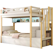 Letto a Castello 90x200 cm e 90x200 cm; con Scaletta Contenitore; LED e USB; in Legno; Bianco
