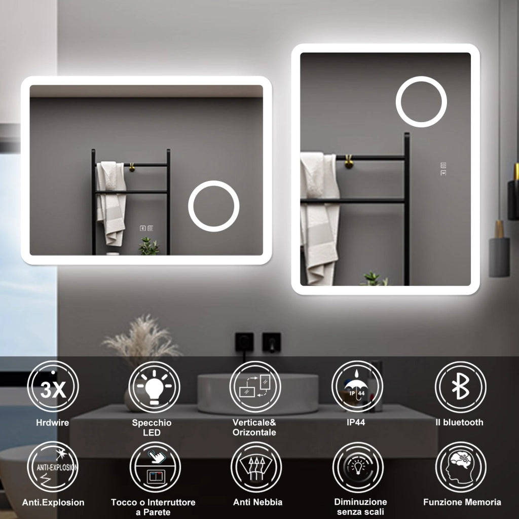 AICA Specchio da bagno  60 x 80 cm, dimmerabile, Blue tooth, Funzione Memoria, antiappannamento, 3 colori, Magnificatore