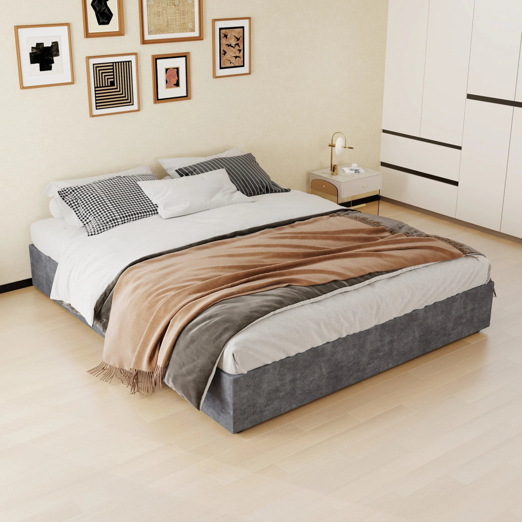 DESMIU Lit 160 × 200 cm 2 posti con testiera geometrica, senza materasso, in tessuto grigio e metallo