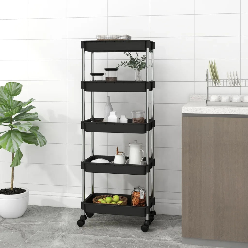 Carrello da Cucina 5 Ripiani Nero 42x29x128 cm Ferro e ABS CFW3170208