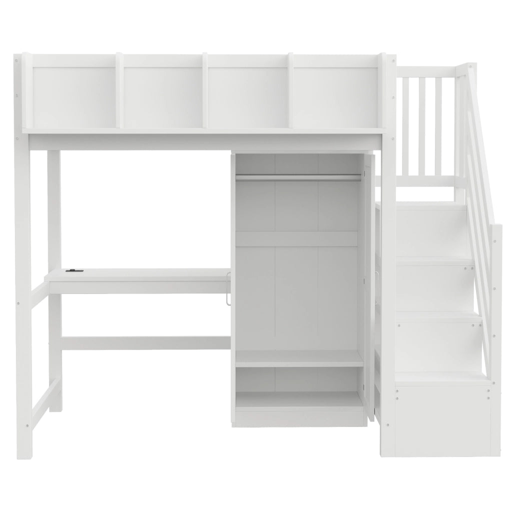 Letto a soppalco 90x200 cm in legno bianco con scrivania; armadio; scala portaoggetti e LED