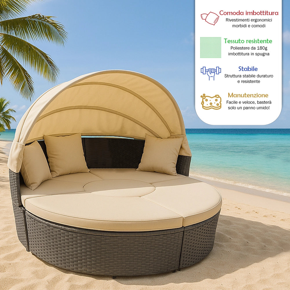 Letto Isola in Rattan Grigio Modulabile Salotto Esterni Giardino Tetto Parasole
