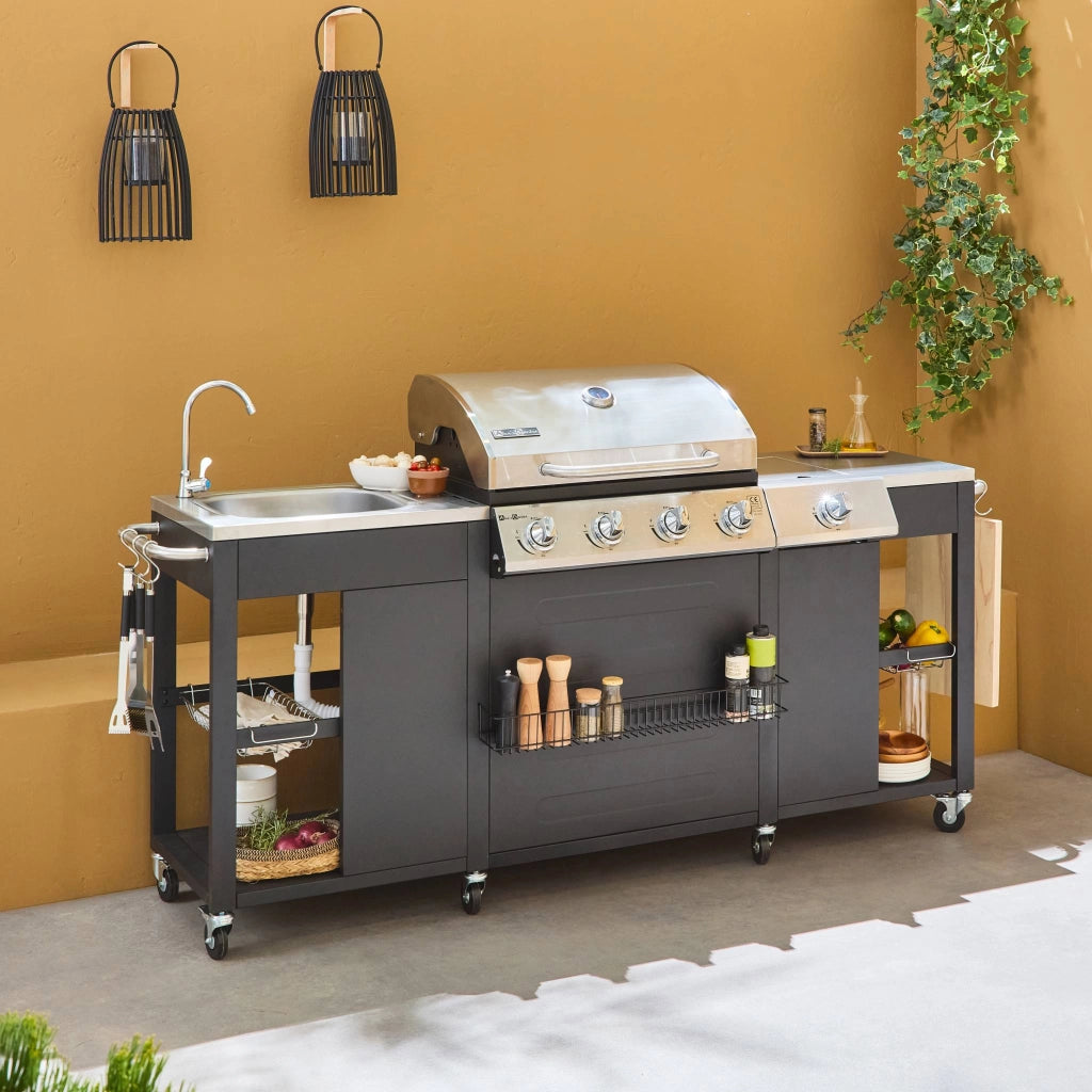 Barbecue a gas a 5 fuochi con 1 bruciatore laterale, nero