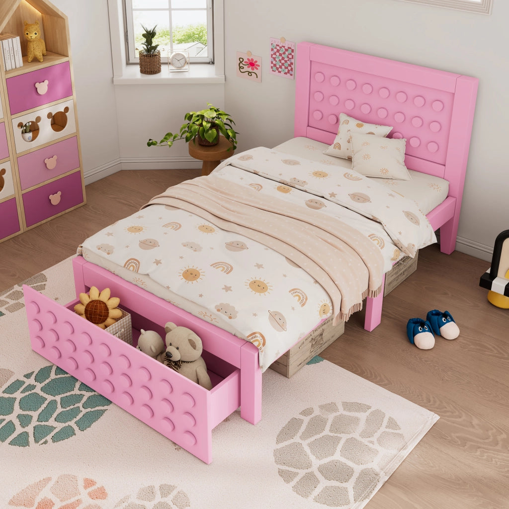 Letto con Cassetti 90x200 cm - Cassetto e Spazio Sottoletto - in Legno - Rosa