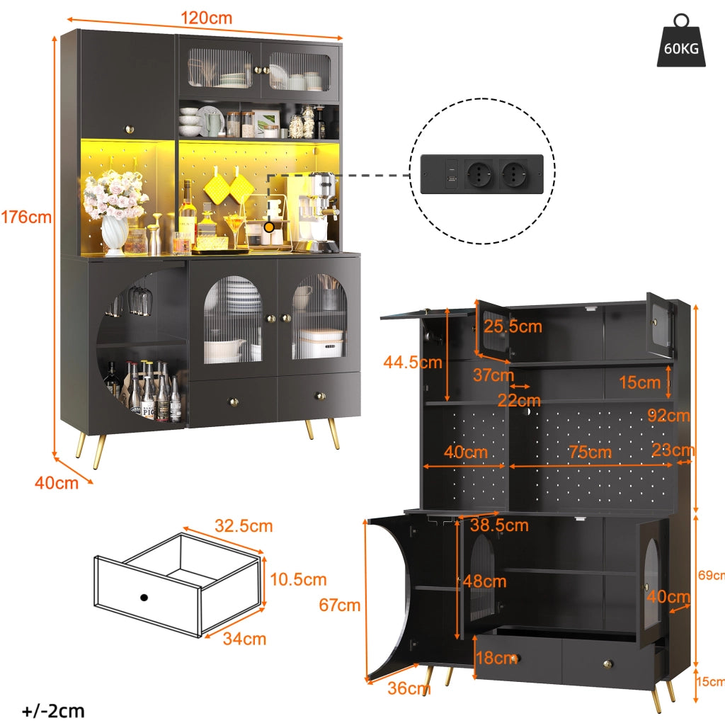 Mobile alto da cucina nero con LED, prese USB e portabottiglie