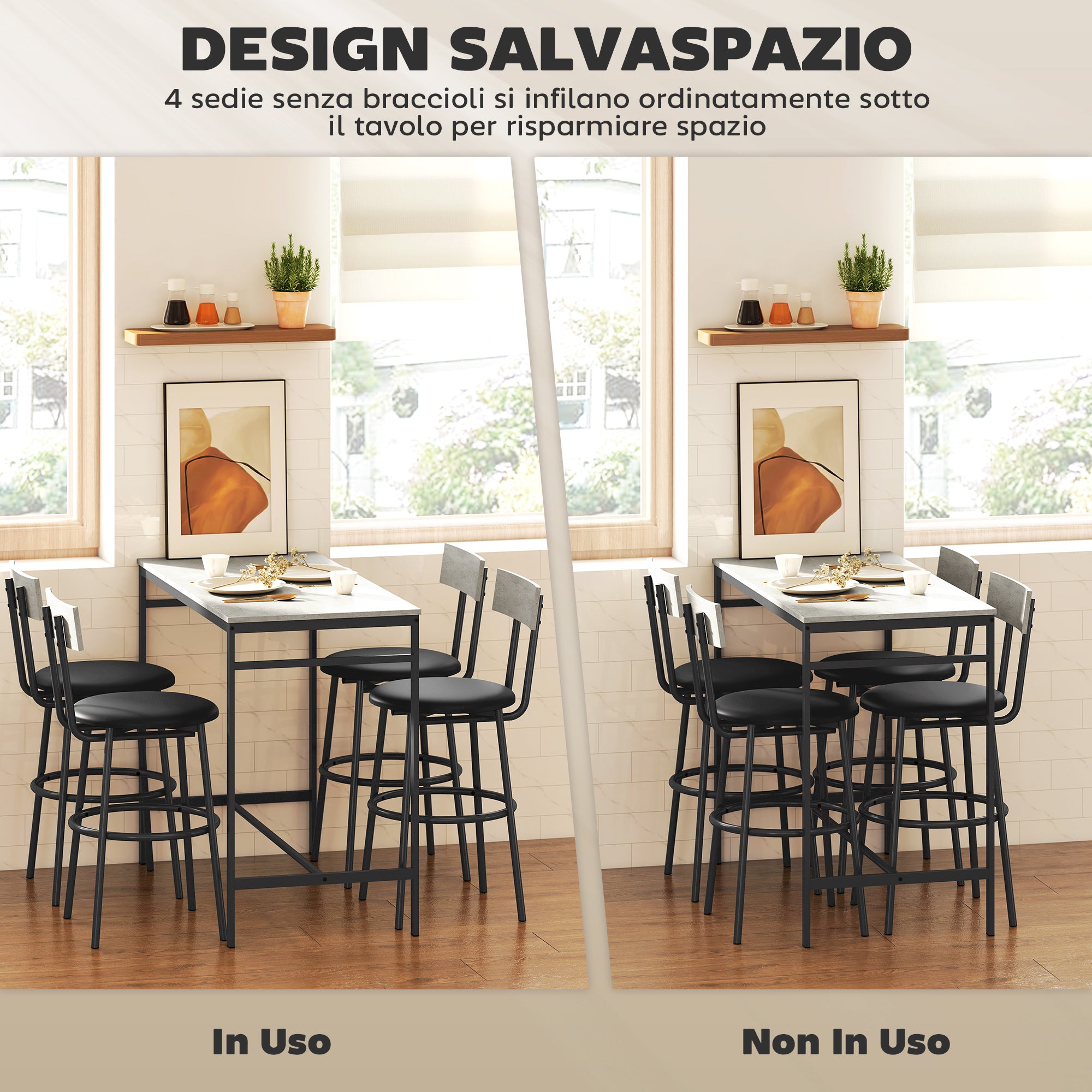 Set Tavolo Alto e 4 Sgabelli da Bar in Stile Industriale in MDF e Acciaio Grigio Cemento