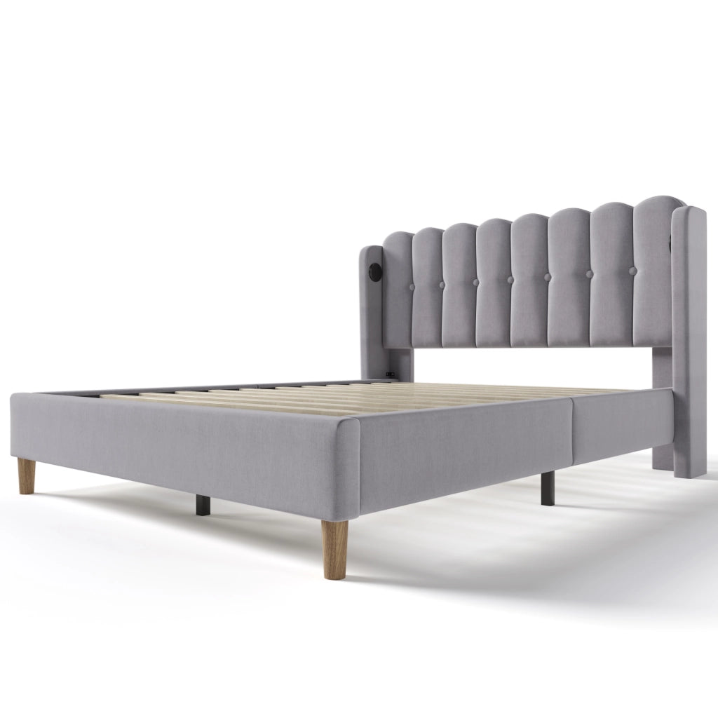 Letto matrimoniale imbottito grigio 160x200 cm con USB e porta Type-C, rete a doghe e materasso incluso