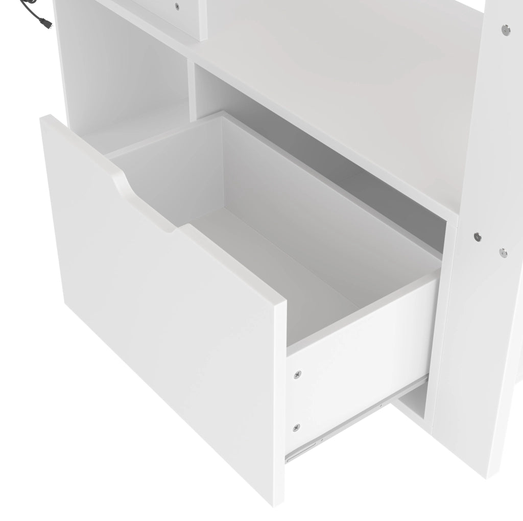 Letto a soppalco 90x200 cm con scrivania; cassetto; scaffali e LED in pino bianco