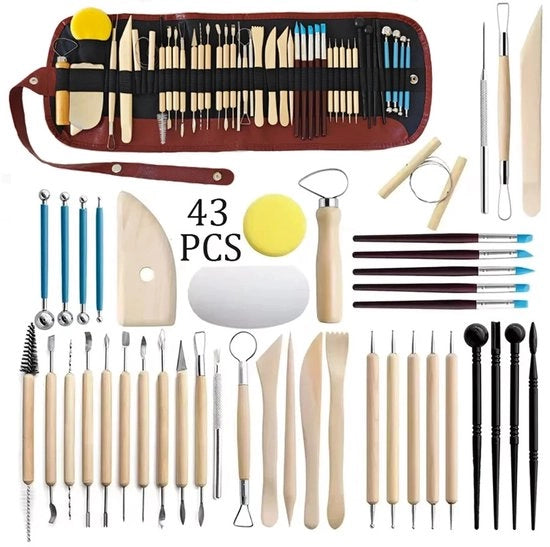 Set di 43 pezzi di strumenti per modellare ceramica con tasca a tracolla, adatti a principianti, professionisti e studenti, per la modellazione dell'argilla e la decorazione.