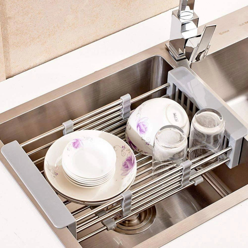Trade Shop - Cestino Regolabile Per Lavello Scolapiatti Telescopico Cestello Stoviglie Cucina -