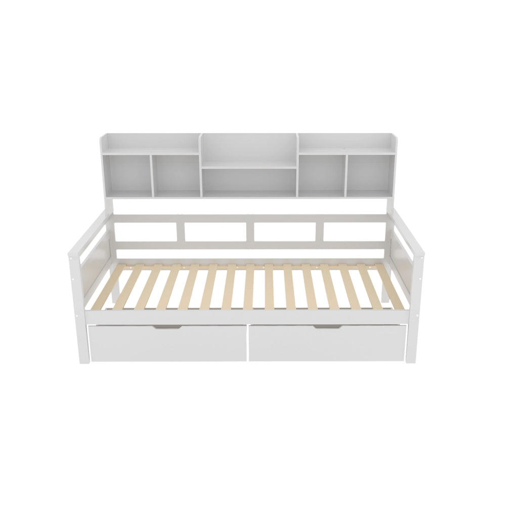 OKWISH Letto a Divano 90×200 cm, Letto Singolo con 2 Cassetti, Mensole e Scomparti, senza Materasso, in Legno, Bianco
