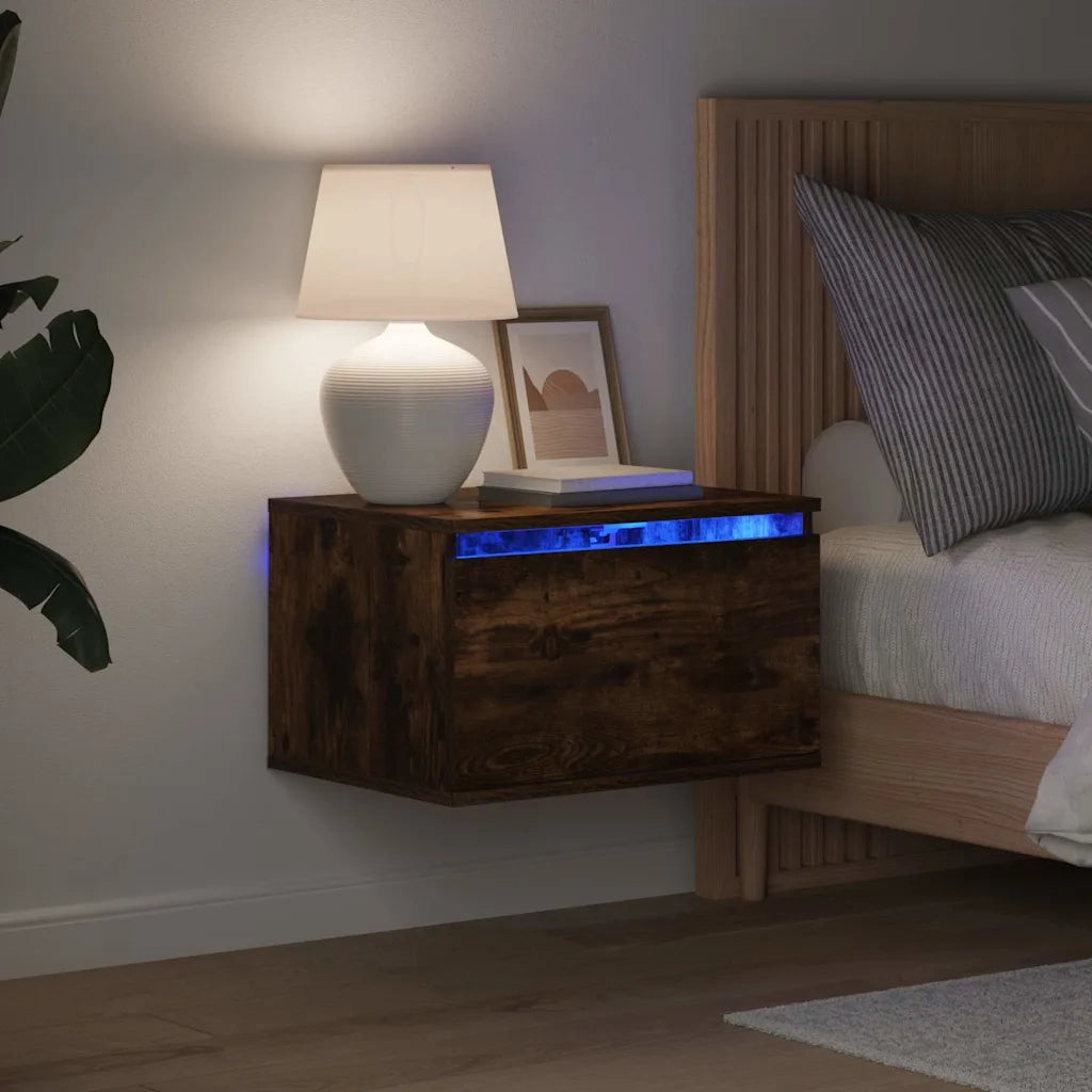 Comodini a Parete con luci LED 2 pz Rovere Fumo 836835