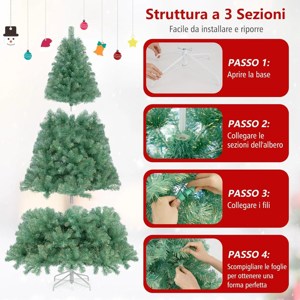 Albero di Natale 225 cm, Albero di Natale Preilluminato con 1300 Rami Folti, 550 Luci LED Bianco Caldo, 8 Modalità e Base, Decorazione Natalizia per Casa e Ufficio (Verde, 225 cm)