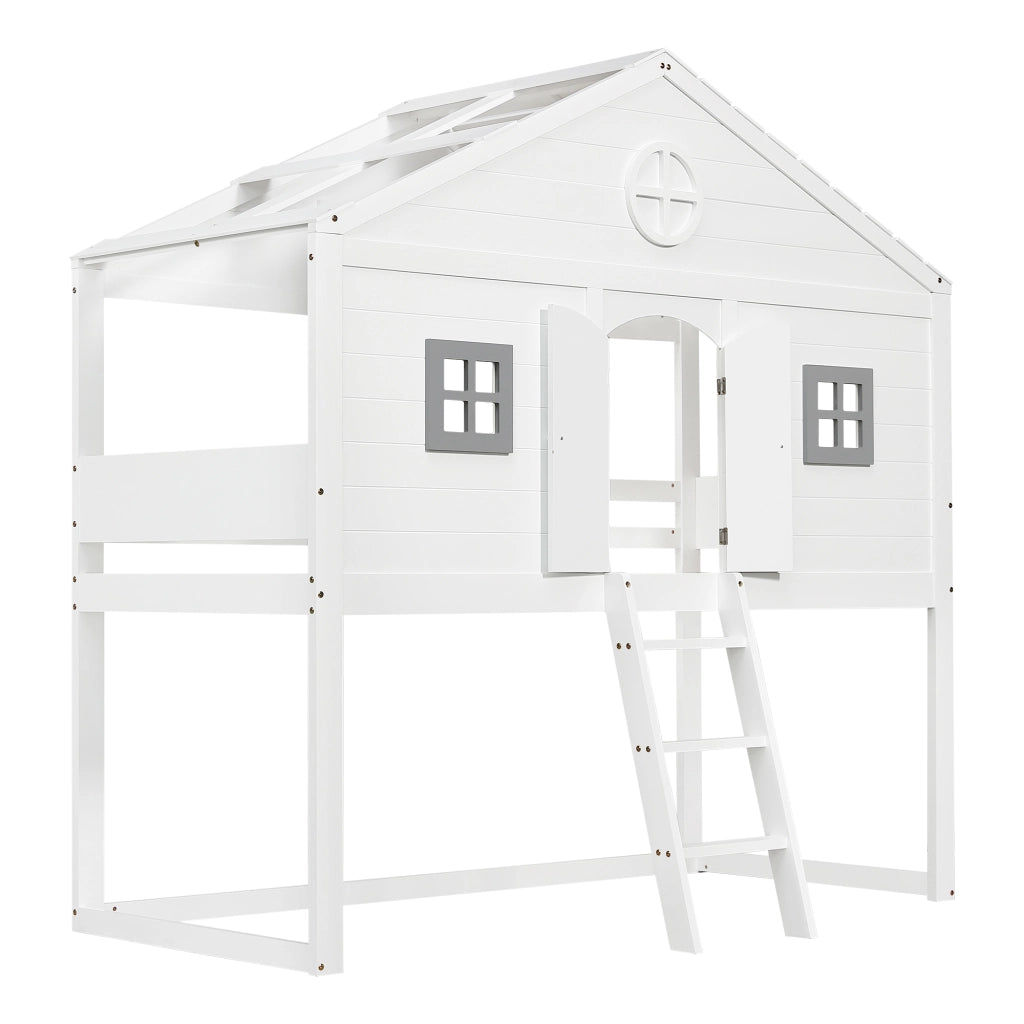 Letto a soppalco 90x200 cm con scala e protezione anticaduta; pino e MDF; bianco e grigio con finestre