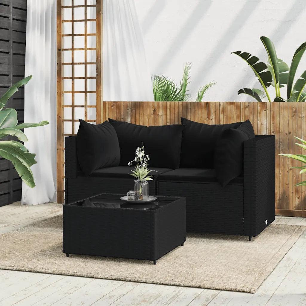 Set Divani da Giardino 3 pz | Set Salotto da Giardino con Cuscini Nero in Polyrattan