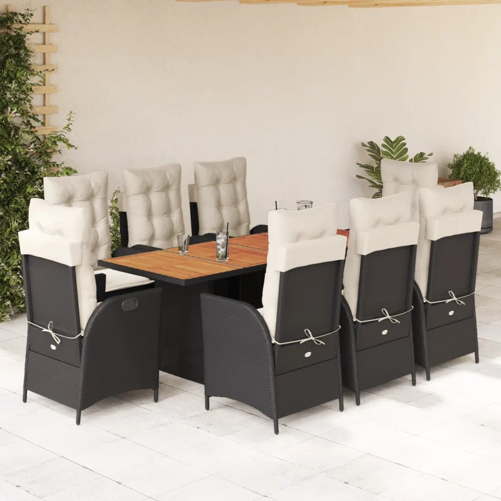 Set da Pranzo da Giardino 9 pz con Cuscini Nero in Polyrattan 3213137