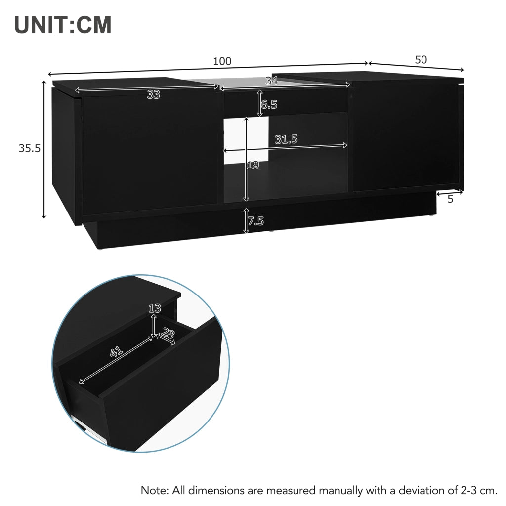 TAVOLO BASSO 100x50x35,5 cm Nero con LED, 2 cassetti e 1 vano aperto