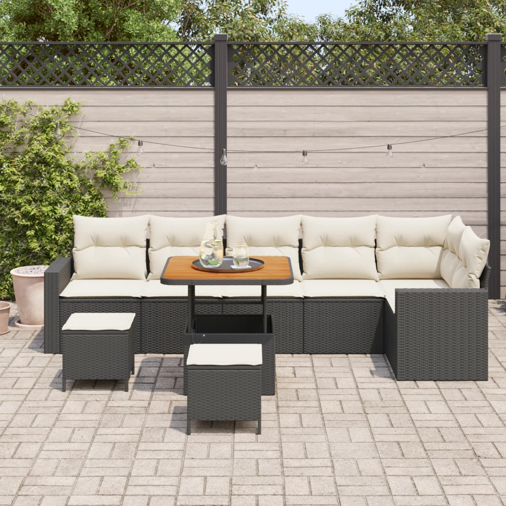 Set 9 Pezzi Divano Giardino con Cuscini Nero Polirattan Acacia