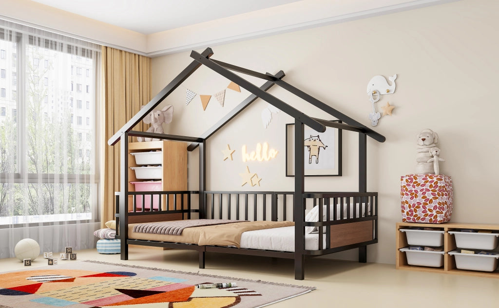Letto per bambini 90 × 200 cm con barriera di sicurezza et struttura a casetta, senza materasso, in metallo, nero